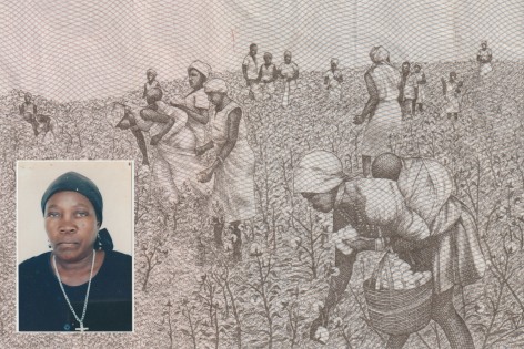 Maria Abranches, A&nbsp;collage featuring an old portrait of&nbsp;Belita Guilherme, Ana Maria Jeremias&#039; mother, set against a background depicting women working in Angolan fields - an image taken from an Angolan banknote, a kwanza - that Ana Maria has kept since her&nbsp;first trip back to her homeland, when she reunited with her family after 30 years. Lisbon, Portugal.