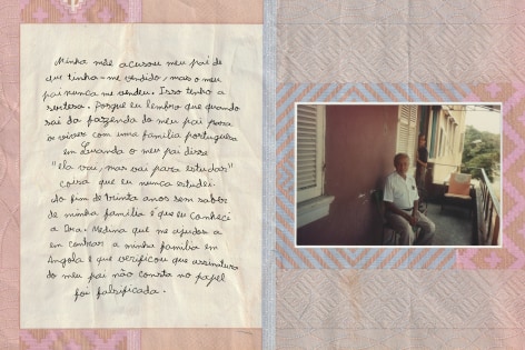 A collage of an handwritten portuguese text by Ana Maria Jeremias recounting her story. Translation: &quot;&quot;My mom said my dad sold me, but my dad never did. I&#039;m sure. Because I remember when I left my dad&#039;s farm to go live with a Portuguese family in Luanda, my dad said &quot;she&#039;s going, but to study,&quot; but I never studied. After thirty years without knowing my family, I met Dr. Medina who helped me find my family in Angola and found out that my dad&#039;s signature wasn&#039;t on the paper. It was fake.&quot;, 2024