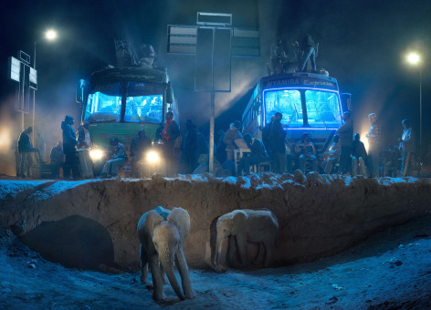 Bus Station with Young Elephants, 2018, Archival Pigment Print