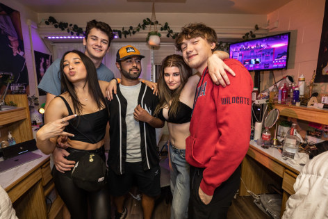 Friend Group, Sydney (4th from left) partying in her freshman dorm room with her college friend group, University of Arizona, 2022