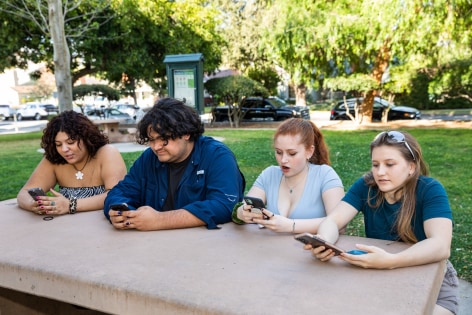 Parallel Play Ella, 17, Dominic, 17,&nbsp; Emily, 18, and Juliet, 18, at a Burbank park. Dominic (second from left) has suffered from online bullying, racial slurs, and body shaming but finds comfort in his small group of IRL friends, 2022
