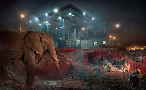 Petrol Station with Elephant &amp;amp; Kids, 2018, Archival Pigment Print