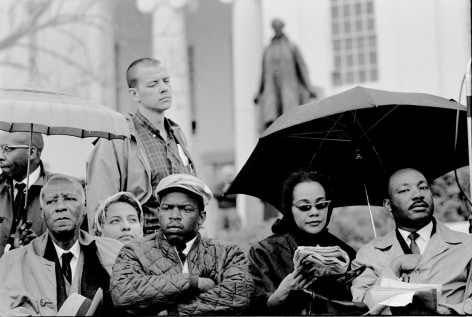 A. Phillip Randolph, John Lewis, Coretta Scott King and Martin Luther King Jr. sitting on the steps of the Montgomery Capitol at the conclusion of the Selma March, Alabama, 1965, Silver Gelatin Photograph
