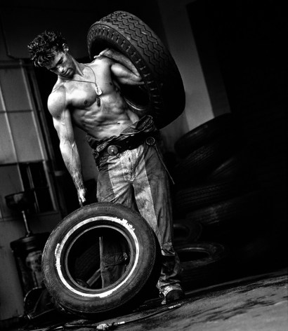 Fred with Tires VI, Hollywood, 1984, 14 x 11 Inches, Silver Gelatin Photograph, Edition of 25