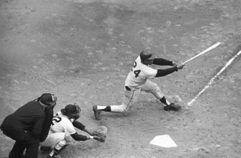 Willie Mays, San Francisco Giants swinging against the New York Yankees, Game 4, World Series, Yankee Stadium, The Bronx, 1962, Silver Gelatin Photograph