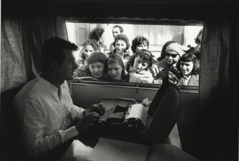 Rock Hudson trying to type in his trailer, but the fans are a bit distracting, on location in Italy for &quot;Farewell To Arms&quot;, 1957, Archival Pigment Print