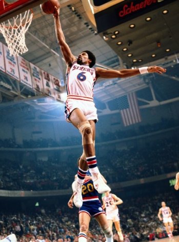 Julius Irving (Dr. J) dunks against Denver Nuggets, Philadelphia, PA, 1977, Color Photograph