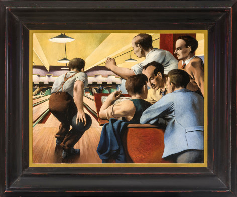 FEDERICO CASTELL&Oacute;N (1914&ndash;1971), &quot;Bowling Night,&quot; c. 1940&ndash;42. Oil on board, 19 x 24 in. Showing black Modernist-style frame.