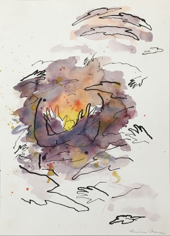 Image of Louisa Chase's Untitled, Sunset with Hands, ink and watercolor on paper, 14 1/8 by 10 1/4 inches, painted about 1984.