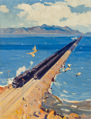 Maurice Logan (American, 1886&ndash;1977), &quot;By Rail across Great Salt Lake, Overland Route.&quot; Oil on panel, 22 1/2 x 17 1/2 in.