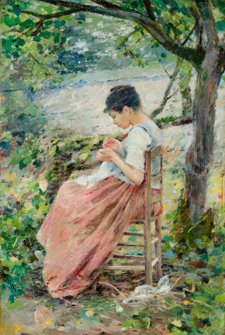 THEODORE ROBINSON (1852&ndash;1896)  The Layette  Oil on canvas, 23 x 15 in.