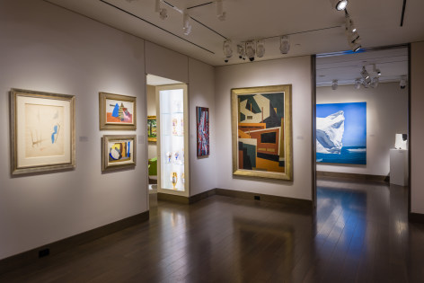 &quot;Summer Selections 2023.&quot; Gallery 1 view with works by Stuart Davis, Charles Howard, Edmund Lewandowski, and Niles Spencer. A part of a large work by David Ligare shows through the door to Gallery 3.