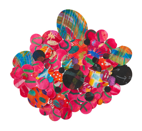 a paper collage by Howardena Pindell made of circular, pink and purple paper punch-outs