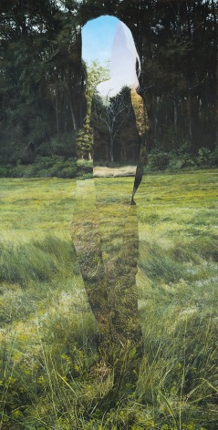 egg tempera painting with multiple views of the same landscape layered on top of each other in the shape of a person
