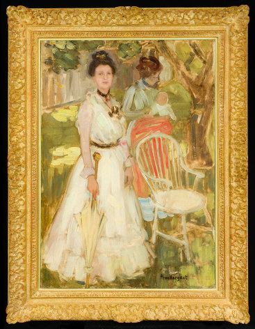 MAURICE PRENDERGAST (1858&ndash;1924), &quot;Portrait of Mrs. Oliver E. Williams,&quot; 1902. Oil on canvas, 34 x 24 in. Showing gilded Louis XIV-style frame.