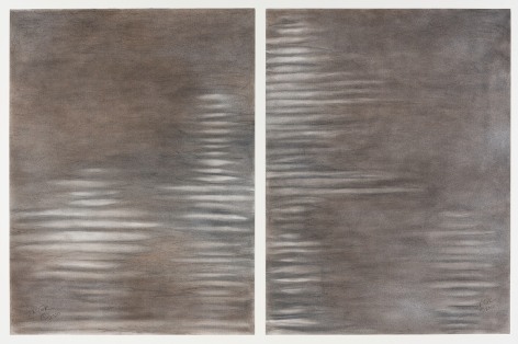 an abstract drawing by Elizabeth Turk of white discs layered on top of each other