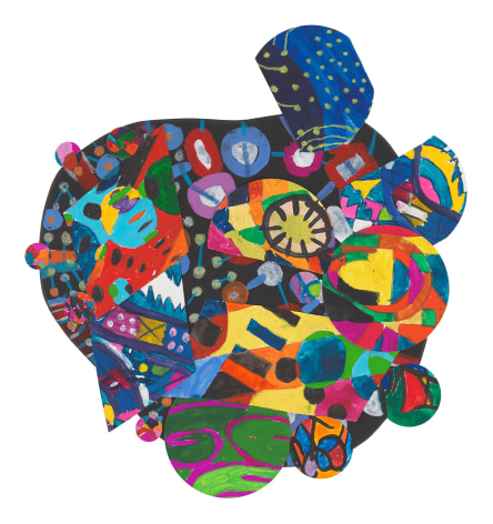 a paper collage by Howardena Pindell made of circular, multi-colored paper punch-outs