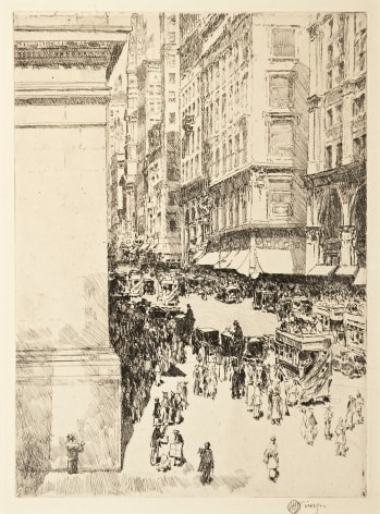 CHILDE HASSAM (1859–1935), "Fifth Avenue, Noon," 1916. Etching, 9 7/8 x 7 1/8 in.