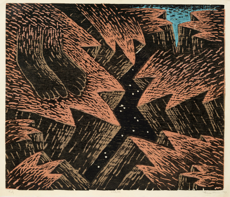 Image of Louisa Chase's Chasm, painted in 1983.  Color woodcut on Japanese fiber paper, 26 by 30 inches.