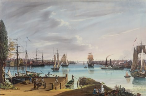 NICOLINO CALYO (1799–1884), "New York from Brooklyn and Williamsburg," 1838. Gouache on paper, 26 x 39 3/8 in.