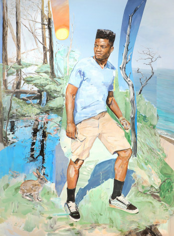 a painting by James Everett Stanley of dark-skinned man with a flattop walking across a fractured landscape of marsh, woods and beach