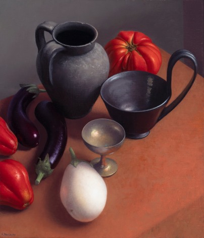 a still-life painting by Amy Weiskopf of purple and white eggplants and tomatoes on a table with Etruscan pottery