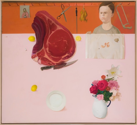 Meat, 1974.  Oil on canvas, 56 x 62 in.   Signed (at upper left): Sharrer.
