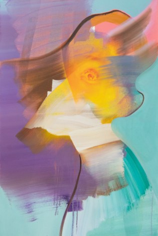 a painting by Eric Helvie wherein a photorealist portrait is obscured by layers of purple, teal and pink paint applied in an abstract style