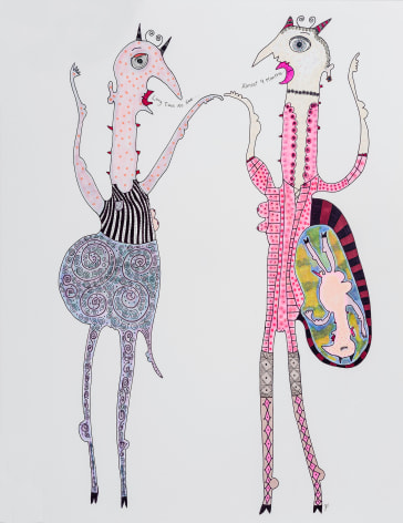 a drawing by self-taught artist Jeanne Brousseau of two women talking, one of whom is pregnant