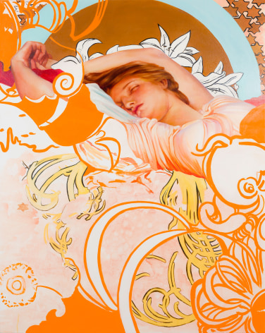 a painting by Angela Fraleigh of a sleeping woman within an Art Nouveau-patterned composition