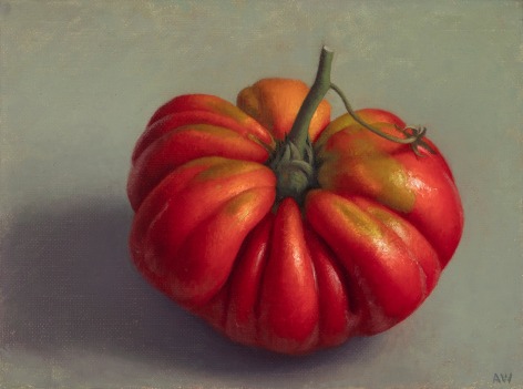 a still-life painting by Amy Weiskopf of a plump, red, highly segmented tomato