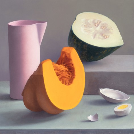 a still-life painting by Amy Weiskopf of an orange melon and green melon, with an egg, empty oyster shell and a pink pitcher
