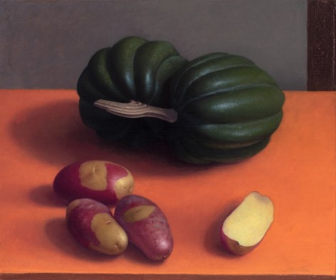 a still-life painting by Amy Weiskopf of red-skinned potatoes and green acorn squash on an orange table top