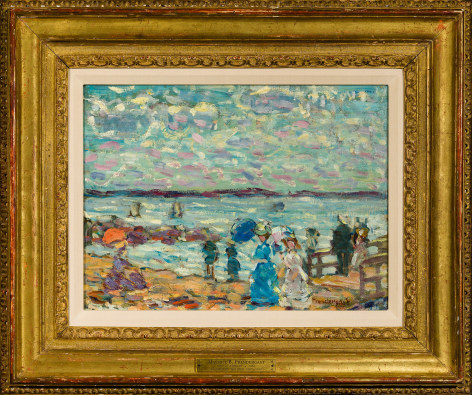 MAURICE PRENDERGAST (1858&ndash;1924), &quot;Figures on the Pier,&quot; about 1907&ndash;10. Oil on wood panel, 10 1/8 x 13 1/2 in. Showing gilded Louis XV-style frame.