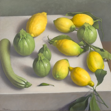 Image of Amy Weiskopf's "Zucchini and Lemons," oil on linen, 14 by 14 inches, painted in 2018.