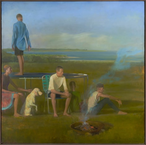 a painting by Randall Exon of a family sitting together around a small campfire at the beach, with one figure standing on a trampoline