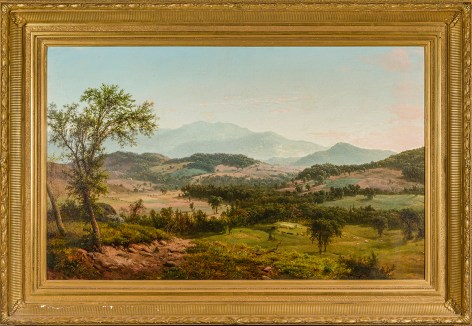 LOUIS REMY MIGNOT (1831&ndash;1870), &quot;View of the Fishkill Mountains from Highland Grove,&quot; about 1855. Oil on canvas, 25 x 49 in. (detail). Showing replica gilded fluted ogee-cove frame.