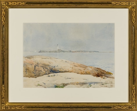 CHILDE HASSAM (1859&ndash;1935), &quot;White Island Lighthouse, Isles of Shoals,&quot; 1890. Watercolor on paper, 14 x 20 in. Showing gilded watercolor frame and ragboard mat.