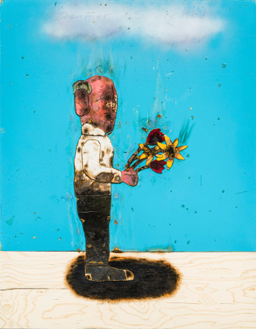 trompe l'oeil oil painting of a burned cartoonish man holding flowers