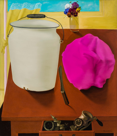 Still Life with White Pail, about 1978.  Oil on linen, 58 x 50 in.   Signed (at lower right): Sharrer.