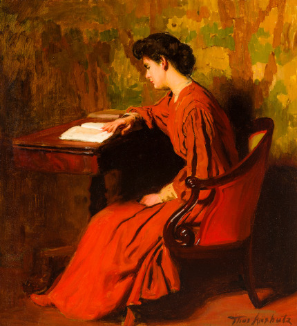 THOMAS POLLACK ANSHUTZ (1851&ndash;1912), Woman Reading at a Desk, c. 1910. Oil on canvas, 26 x 24 in.