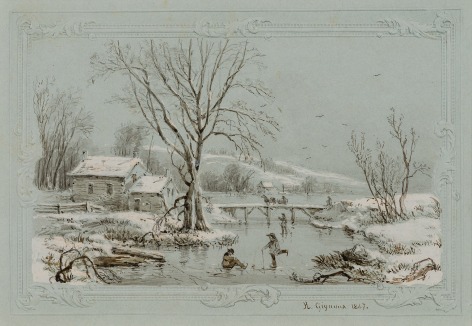 R&Eacute;GIS-FRAN&Ccedil;OIS GIGNOUX (1816&ndash;1882), &quot;Skating Scene,&quot; 1847. Sepia ink drawing heightened with Chinese white on pale green wove paper, with embossed borders, 7 1/16 x 9 7/8 in.