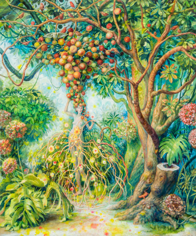 a painting by Julie Heffernan of a nude woman whose body is loosely covered by a skirt of tangled branches, a dense bough of apples springs from her head to form an hourglass shape