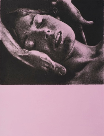 a drawing by Andy Mister of a woman getting a neck massage with a rectangular, blank field of light pink beneath the image