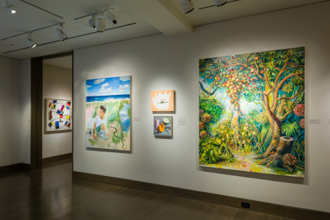 &quot;Summer Selections 2023.&quot; Gallery 3 view with works by James Everett Stanley, Louisa Chase, Amy Weiskopf, and Julie Heffernan. A James Guy construction appears in the doorway to Gallery 1.