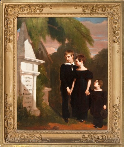 GEORGE WHITING FLAGG (1816&ndash;1897), &quot;The Durand Children,&quot; 1833. Oil on wood panel, 31 x 24 7/8 in. Showing gilded cove frame with decorated corners.