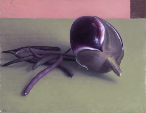 Image of Amy Weiskopf's &quot;Eggplant and Purple Beans,&quot; Oil on linen, 7 by 9 inches, painted in 2018.