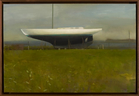 a painting by Randall Exon of a boat with a teal stripe, up on jacks, sitting in a field