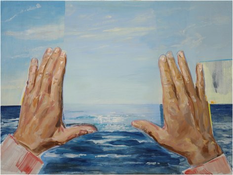 a painting by James Everett Stanley of two hands framing the ocean