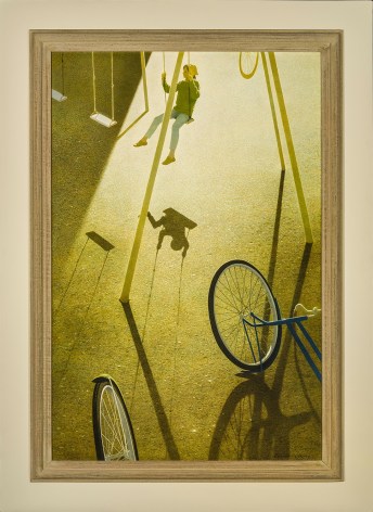 ROBERT VICKREY (1926&ndash;2011), &quot;Playground&quot; Egg tempera on Masonite, 30 x 20 in. Showing painted and stained Modernist frame.